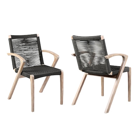 Armen Living Nabila Outdoor Light Eucalyptus Wood and Charcoal Rope Dining Chairs, PK2 840254333413